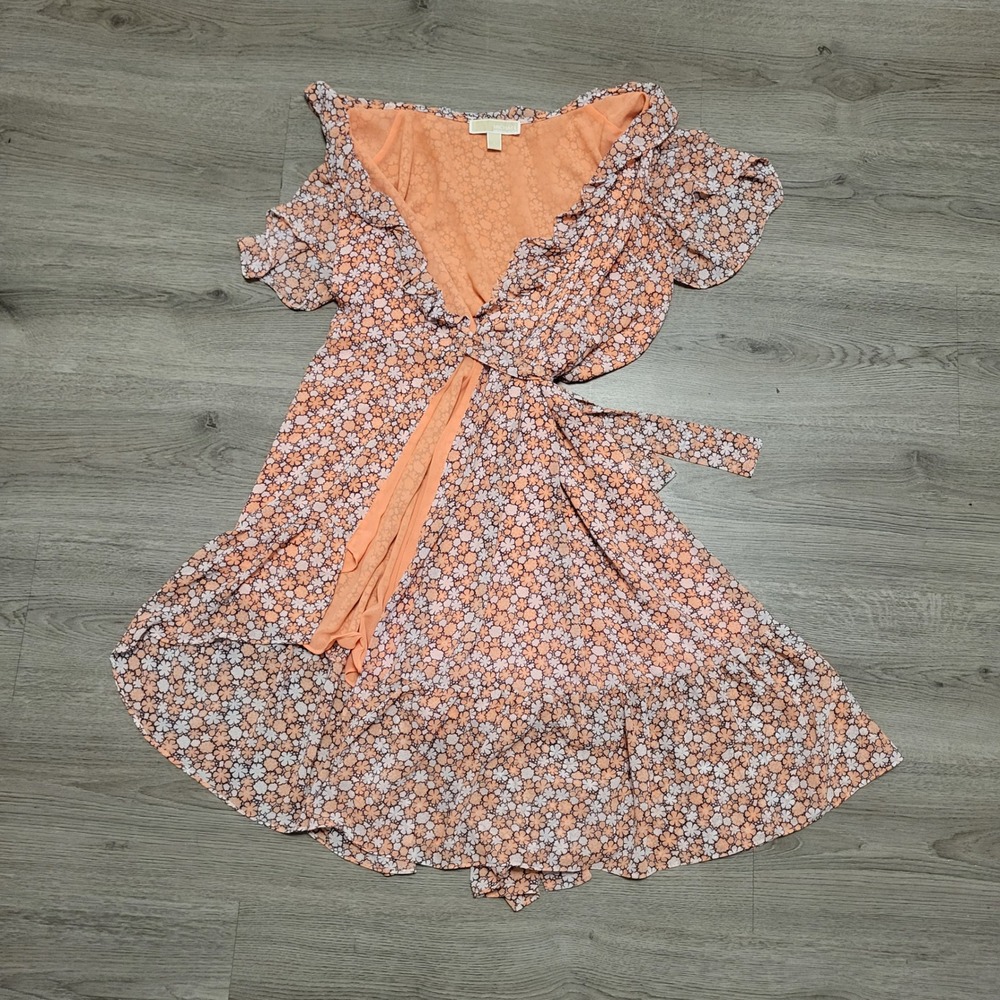 Michael Kors Coral Floral Ruffle Wrap Midi Dress Womens Summer Large High Low - Picture 4 of 7